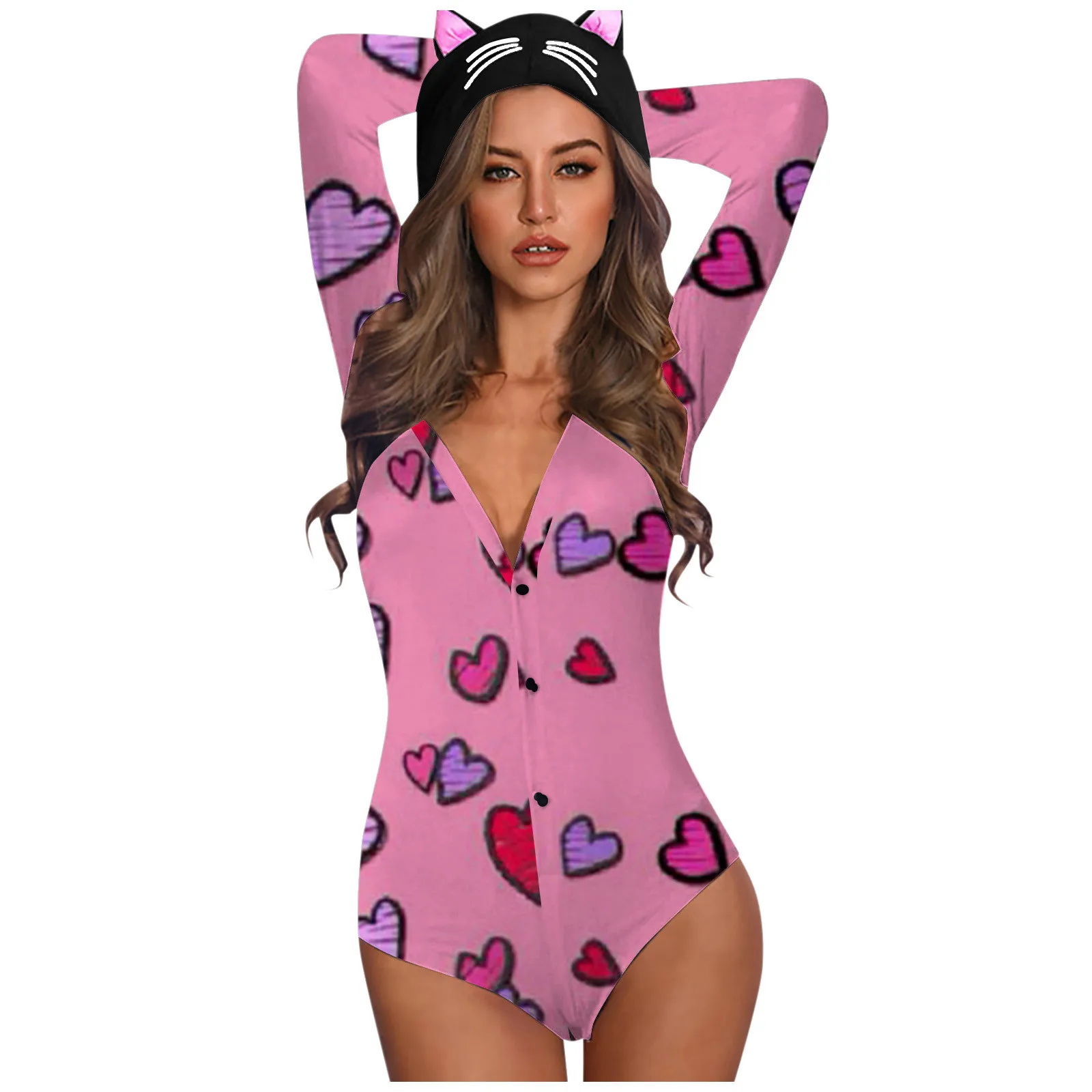 

Women Backless Print Long Sleeve Nightwear Jumpsuit Bodysuit Playsuit Romper