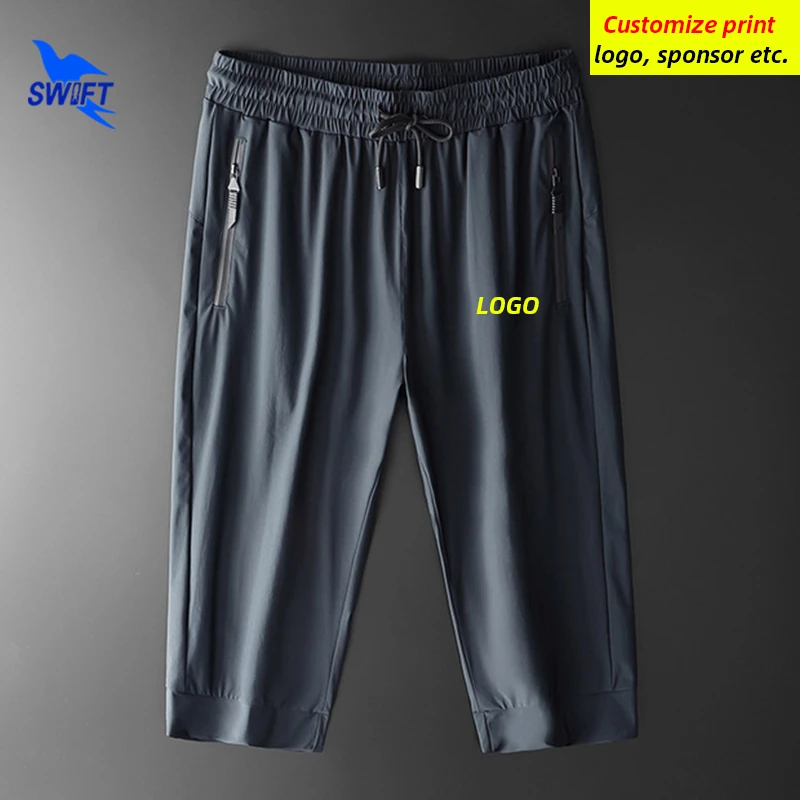 NEW Quick Dry Ice Silk Cropped Running Pants Men Gym Fitness Sportswear Training 3/4 Trousers Straight Capris Bottoms Customize