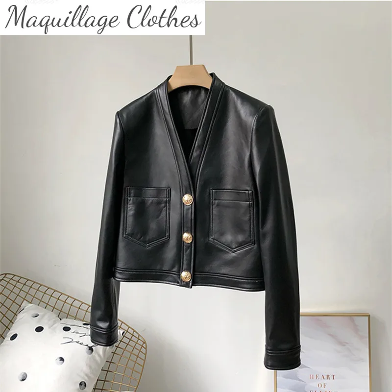 

Europe style High Quality women's V-neck leather jackets Hot Fashion Sheepskin genuine leather coat C491