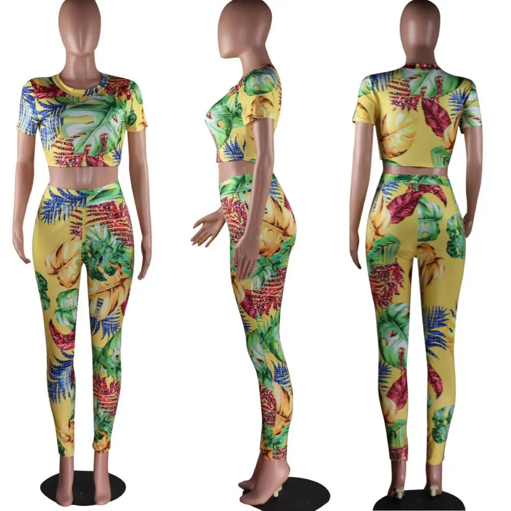 

Women Summer Two piece Beach leaf print T-shirt Frenulum o-neck Suit Waist collection Tight fitting Pencil pants
