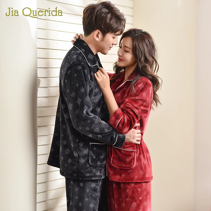 Couple Winter Pijamas Warm Flannel Jujube Red Royal Black Cardigan Loungewear Teddy Style Pocket Long Sleeves Pants Pajamas Set