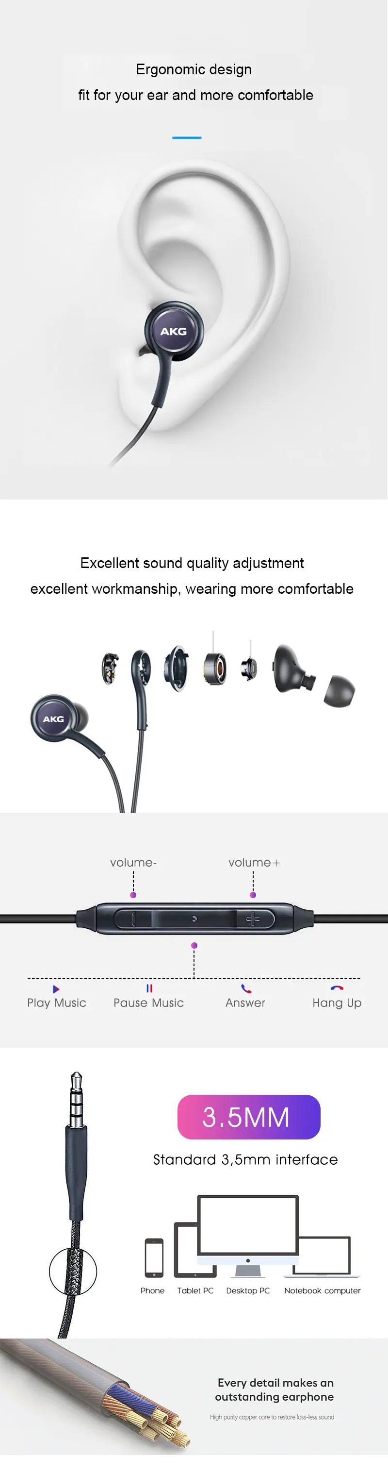 Наушники AKG EO-IG955, 3,5 мм, наушники-вкладыши, проводной микрофон, гарнитура для xiaomi huawei, samsung Galaxy S10 10+ S9 S9+ S8 S8+, смартфон