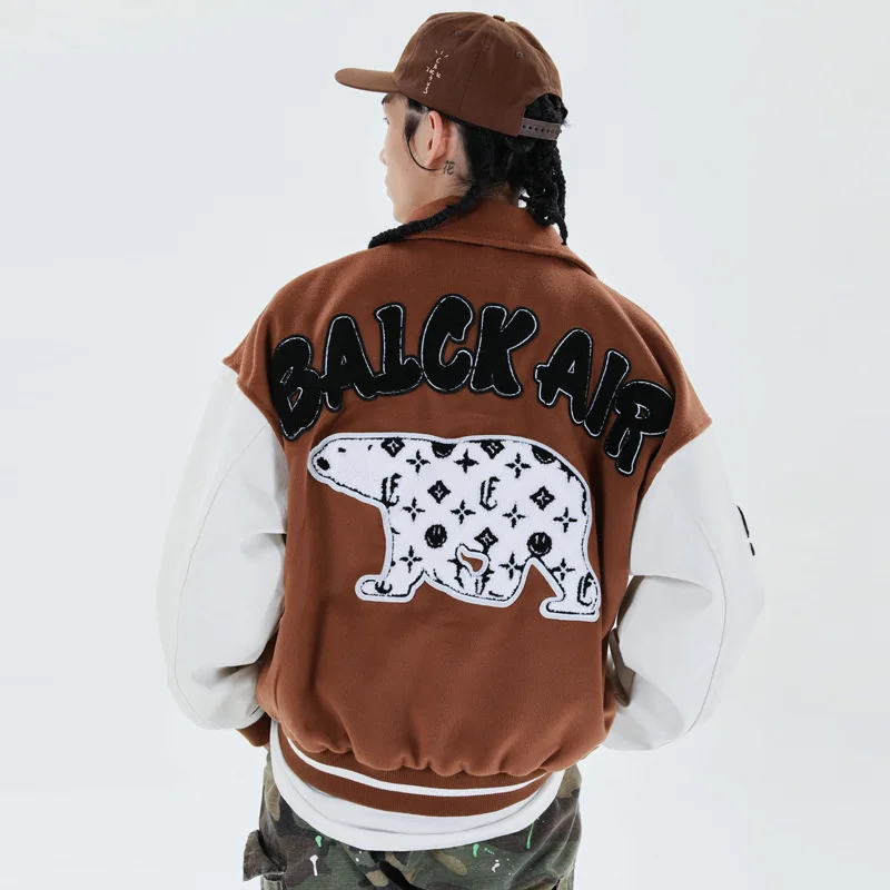 

Hip Hop Cartoon Polar Bear Embroidery Baseball Jacket Men Women Hit Color Patchwork Woolen Coats Personality Hipster Loose Tops