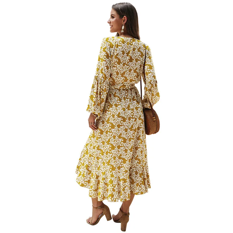 

Women Sexy Dresses Ankle Length Boho Print Floral Dress Long Sleeve Bohemian 2019 Hot Sale