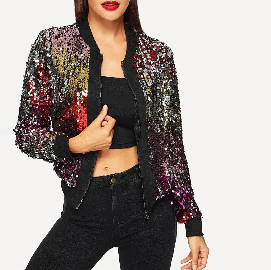 Женские блестящие куртки с пайетками длинным рукавом золотого и серебряного