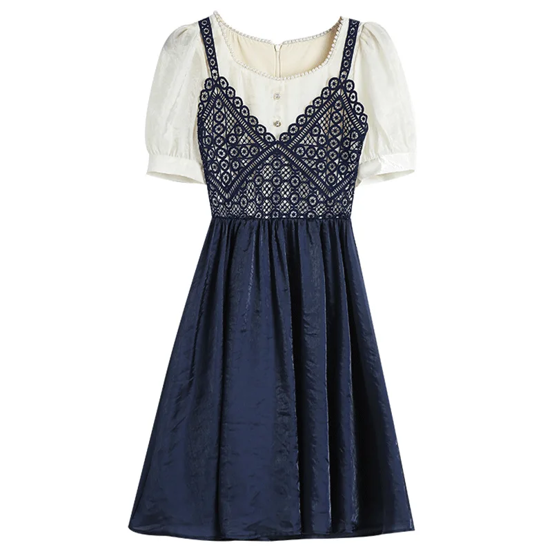 

Splicing dress new summer contrast color V-neck fake two-piece fashion temperament A-line skirt