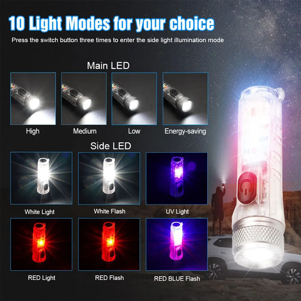 

10W LED EDC Keychain Light Waterproof Cycling Warning Flashlight Type-C Charging Magnetic Fluorescent Torch Mini Pocket Light