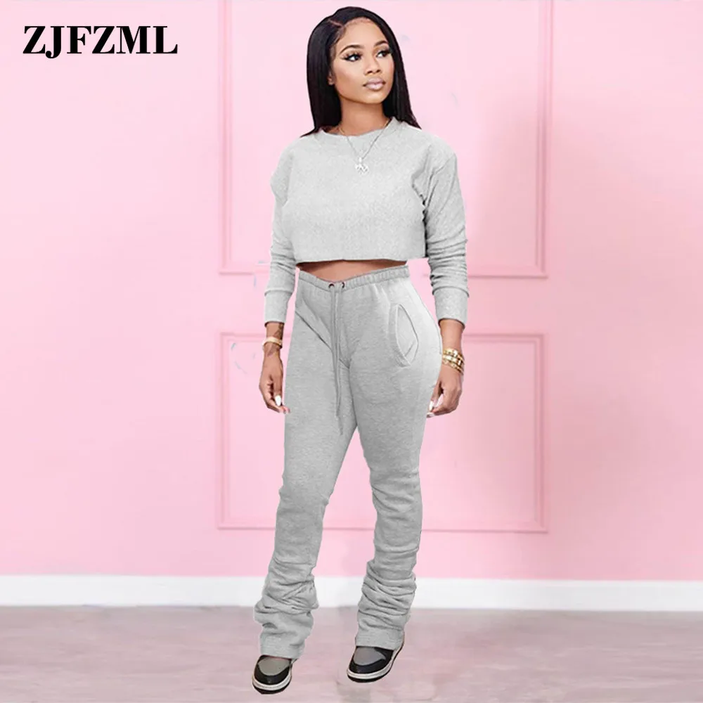 

Casual Sportswear Two Peice Set Women Pink Long Sleeve Loose Crop Top and Grey High Waist Stacked Jogger Pant Gymwear Clothes