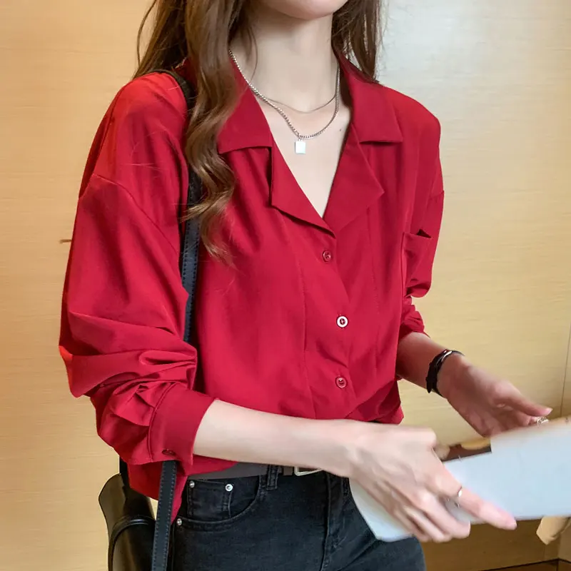 Красная блузка женская мода 2020 рубашка одежда корейский стиль длинный рукав Топ