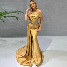 Elegante vestidos de baile de ouro para a mulher fora do ombro sem mangas sereia vestido de festa plissado até o chão com miçangas robe de soriee (2)