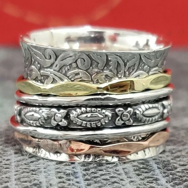

Unisex Fashion Luxury Two-tone Wide Engraved Handmade Ring Engagement Wedding Anniversary Birthday Christmas Gift Jewelry Rings