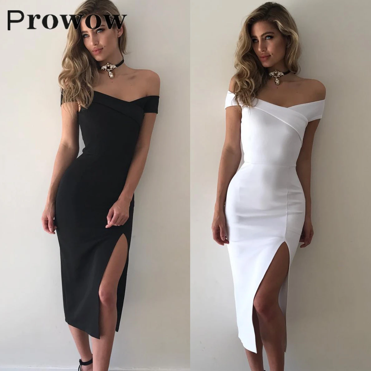 

Prowow Solid Off The Shoulder Long Dress Spring Autumn Sexy Open Back Split Dress Women Fashion Sheath Mid-Calf Dresses S-XL