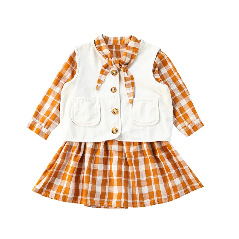 

2021 spring and autumn new parent-child solid color vest two-piece female long-sleeved vest plaid dress suit