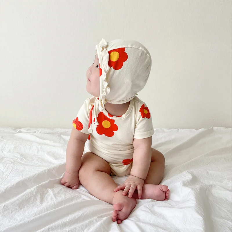2022 Summer New Cute Flower Baby Girl Clothes Jumpsuit For Baby Girl Floral Bodysuit Cotton Short Sleeve Newborn Onesie With Hat
