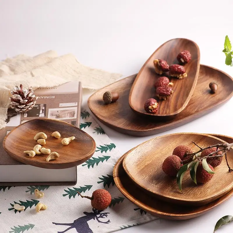 

Solid Wood Pan Plate Sushi Serving Platter Fruit Dishes Saucer Tea Tray Dessert Dinner Plates Lovesickness Wood Dinnerware Set