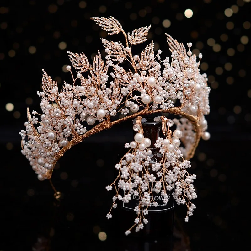 

Handmade Tiny Pearls Bridal Tiara Hair Crown Gold Leaf Wedding Hairband Luxury Women Party Prom Tiaras Headpiece