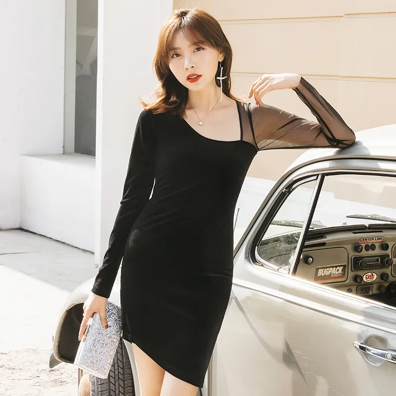 HUAYIMENGYI сексуальное черное бархатное платье с прозрачным рукавом женское