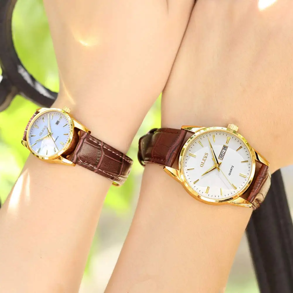 OLEVS Couple Watch Breathable leather Band Fashion Business Waterproof His and Her Quartz Wristwatch Set for Lovers One Pair