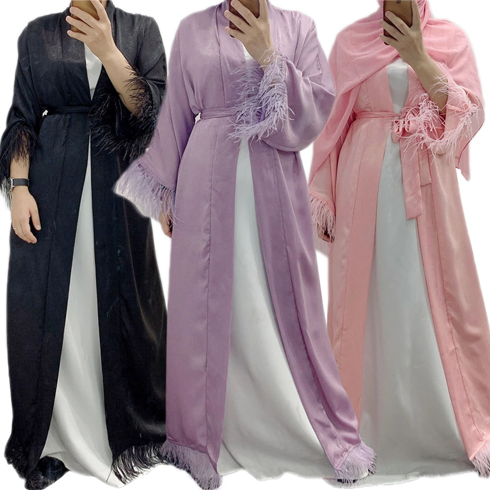Женское однотонное платье-макси на Рамадан, мусульманское, мусульманское, с перьями, с окаймлением, в стиле арабского кафтана