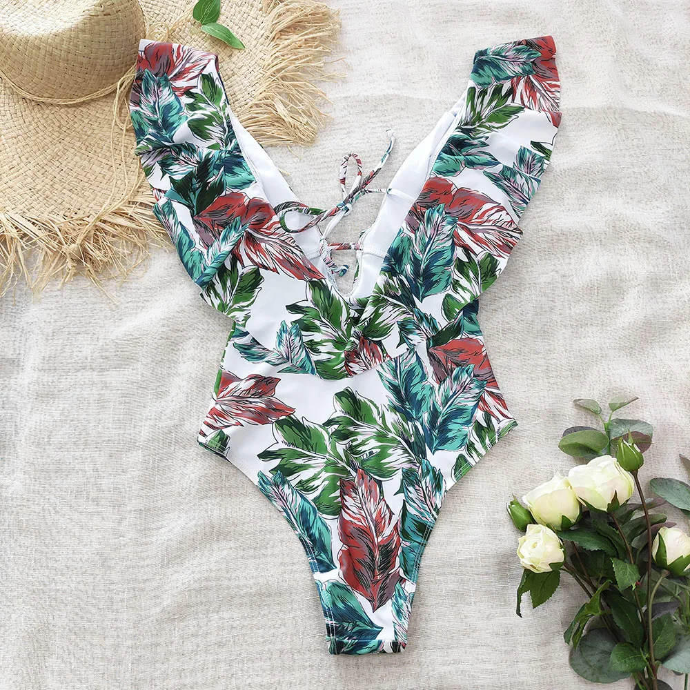 

Print One Piece Swimsuit 2021 Ruffle Plus Size Swimwear Women Wrap Backless Monokini