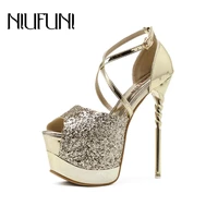 niufuni women sandals peep toe bling gladiator size 35 41 platform 16cm high heels stiletto buckle wedding model shoes for women