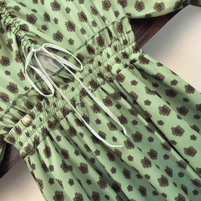 

Plus size women Summer green floral print chiffon long dresses for women draped hollow out high waist short sleeve maxi vestidos