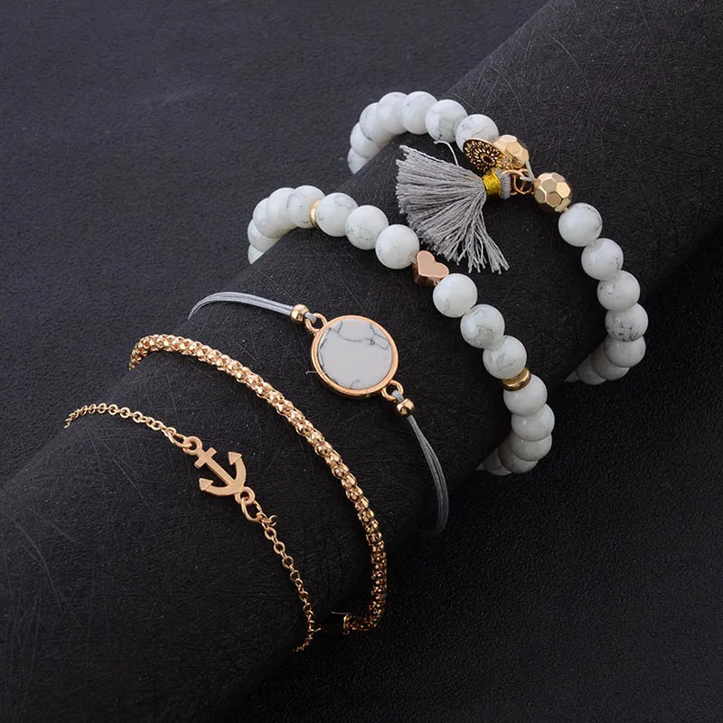 5 шт./компл. модные женские браслеты наборы 2019 золотые бусы из природного камня