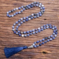 108 japamala knotted necklace 8mm natural white dot blue stone beaded meditation yoga blessing tibetan buddha head lucky jewelry