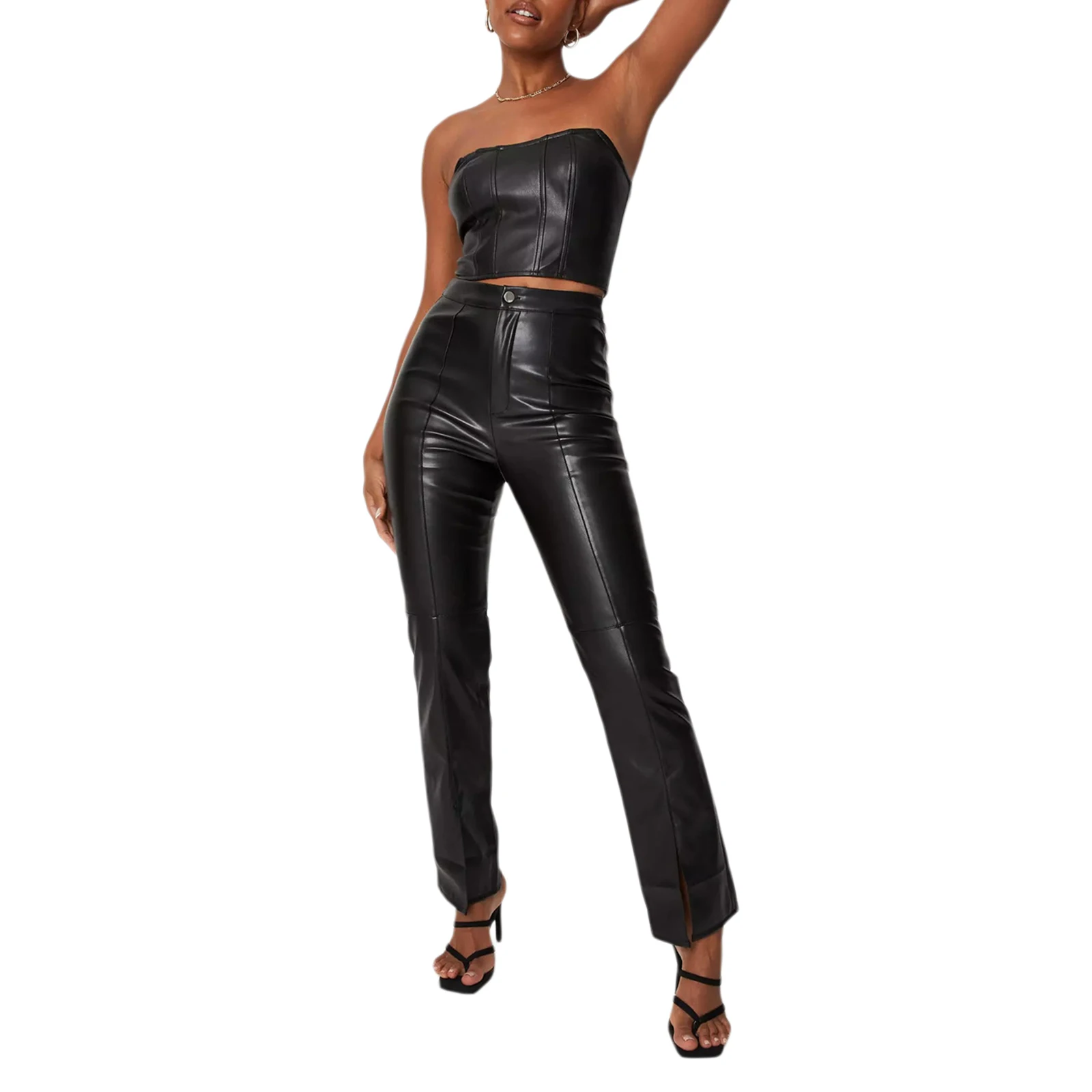 

Hirigin 2021 High Waist Outerwear Casual Party Street Straight Loose Sliming Pants Women Leather Trousers Streetwear