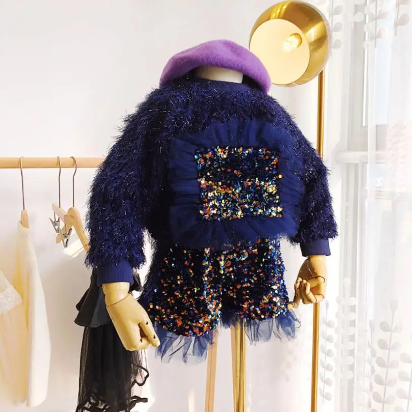 Бархатные комплекты с блестками для маленьких девочек осень 2019 новый свитер топы