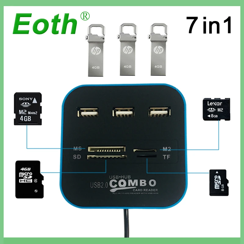 Eoth USB 2,0 usb 3,0 концентратор комбинированный все в одном мультикардридер с 3 портами USB2.0 Hab для MMC/M2/MS синий цвет компьютера ноутбука