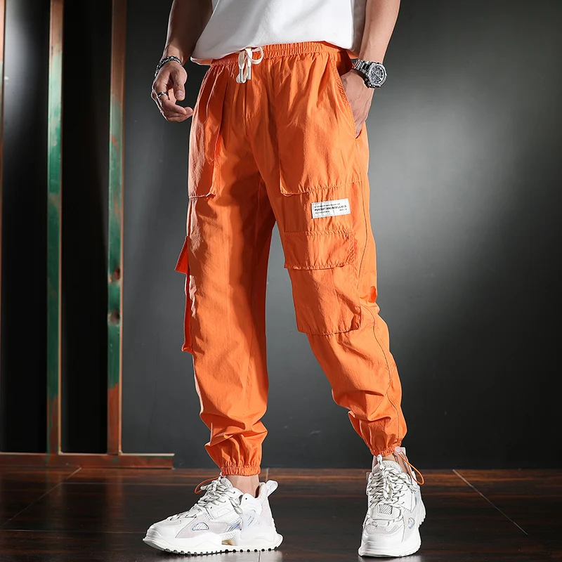 

Baggy Orange Cargo Pants Men Summer Hip Hop Men's Clothing Cotton Multi-Pocket Drawstring Trousers