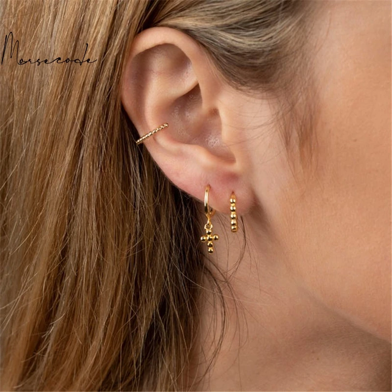 

MORSE CODE Cross Beads Pendientes Drop Earrings For Women 925 Sterling Silver CZ Dangle Puncture Circle Earrings Fine Jewelry