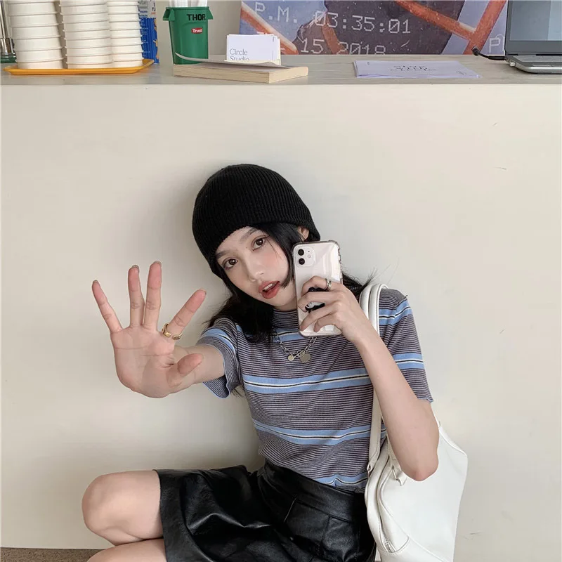 

2021 Summer Korean Knitted Striped T Shirts Tops Women Short Sleeve Half High-Neck Casual Fashion Female Tops Pullovers Tee