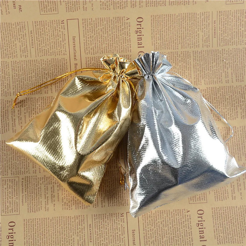 

10pcs 9 Sizes (5*7-20*30cm) Gift Bags Gold Silver Color Drawable Organza Pouch Christmas Wedding Gift Jewelry Craft Candy Bags