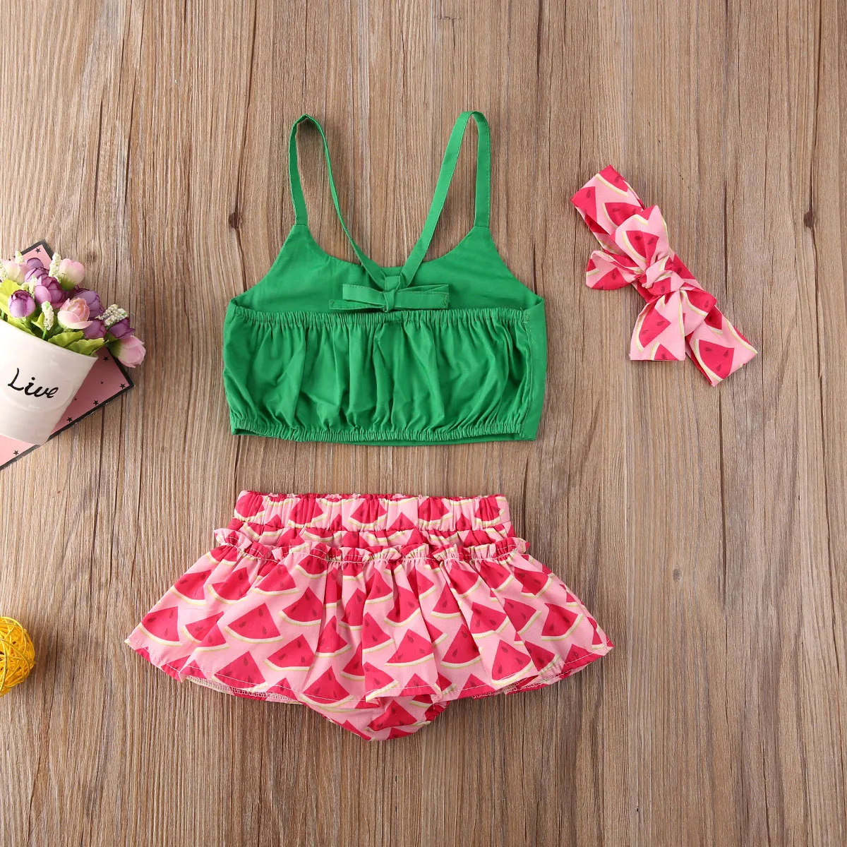 Three Piece Suit for Kids Sleeveless Strappy Top Pants Set with Headband Casual Cute Girls Watermelon Colthes | Детская одежда и