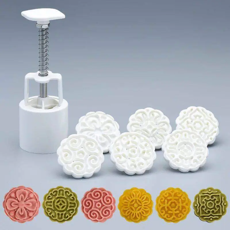 

6pcs 3D Flowers Stamps 50g Round Mooncake Mold Barrel Moon Cake Decor Mould Pastry Tools Mooncakes Hand DIY Tool Baking Supplies