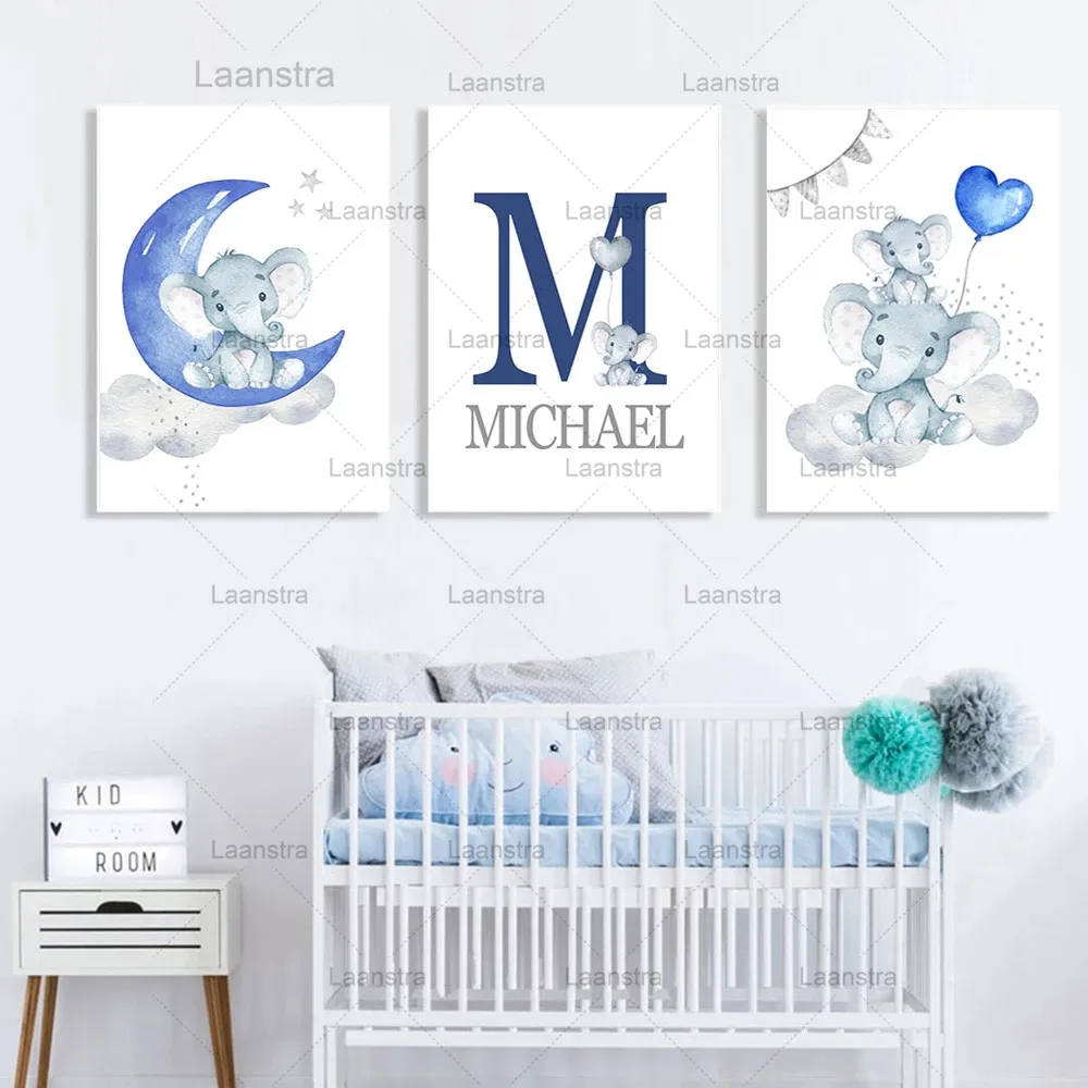 

Custom Poster Nursery Prints Blue Baby Personalized Boyl's Name Wall Art Canvas Painting Pictures Elephant Animal Wall Art