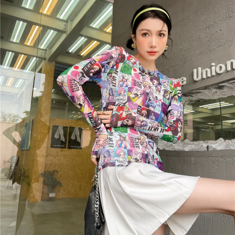 

Kimotimo Fashion Print Long Sleeve Top Women Casual Minority Comics O-neck Mesh Tshirts Ins All-match Blouse Blusas De Mujer