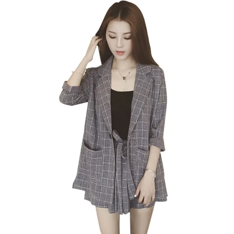 

Women Casual Loose Long-sleeved Cardigan Blazer High Waist Belt Bag Hip Shorts Two-piece Suit Clothes Female Summer Coat New