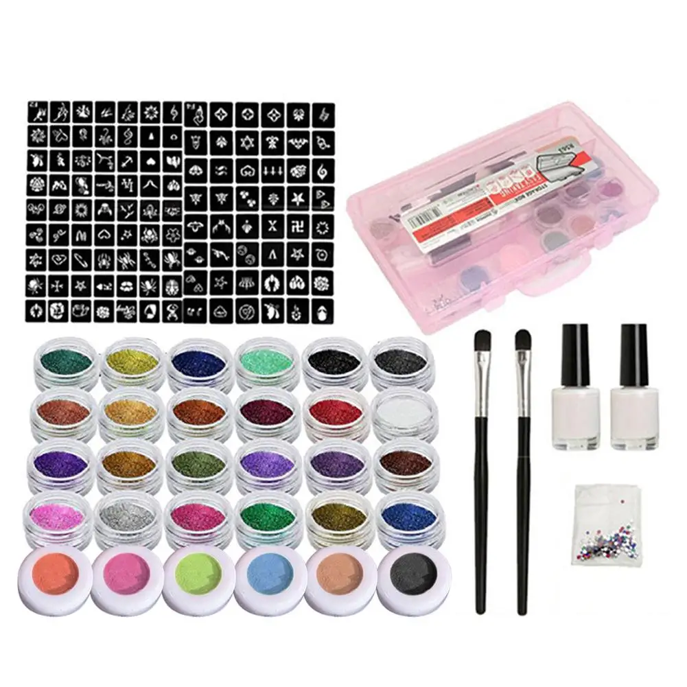 Набор для боди арта 30 цветов блестки набор татуажа 125 трафареты пудра клей