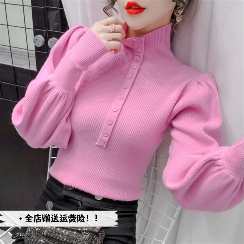 

Women's sweater autumn 2021 new Korean high neck bubble long sleeve top light cooked knitted bottomed shirt