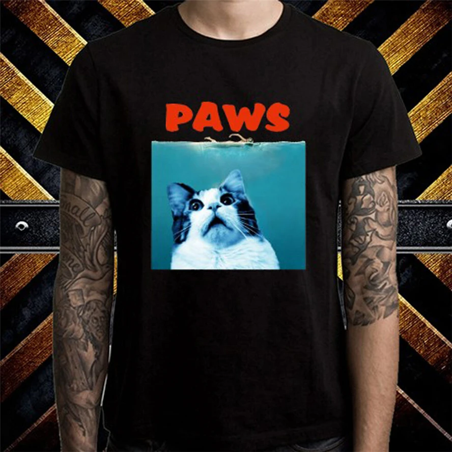 Новые лапы кошка смешной фильм &quotЧелюсти&quot Мужская черная футболка Размер