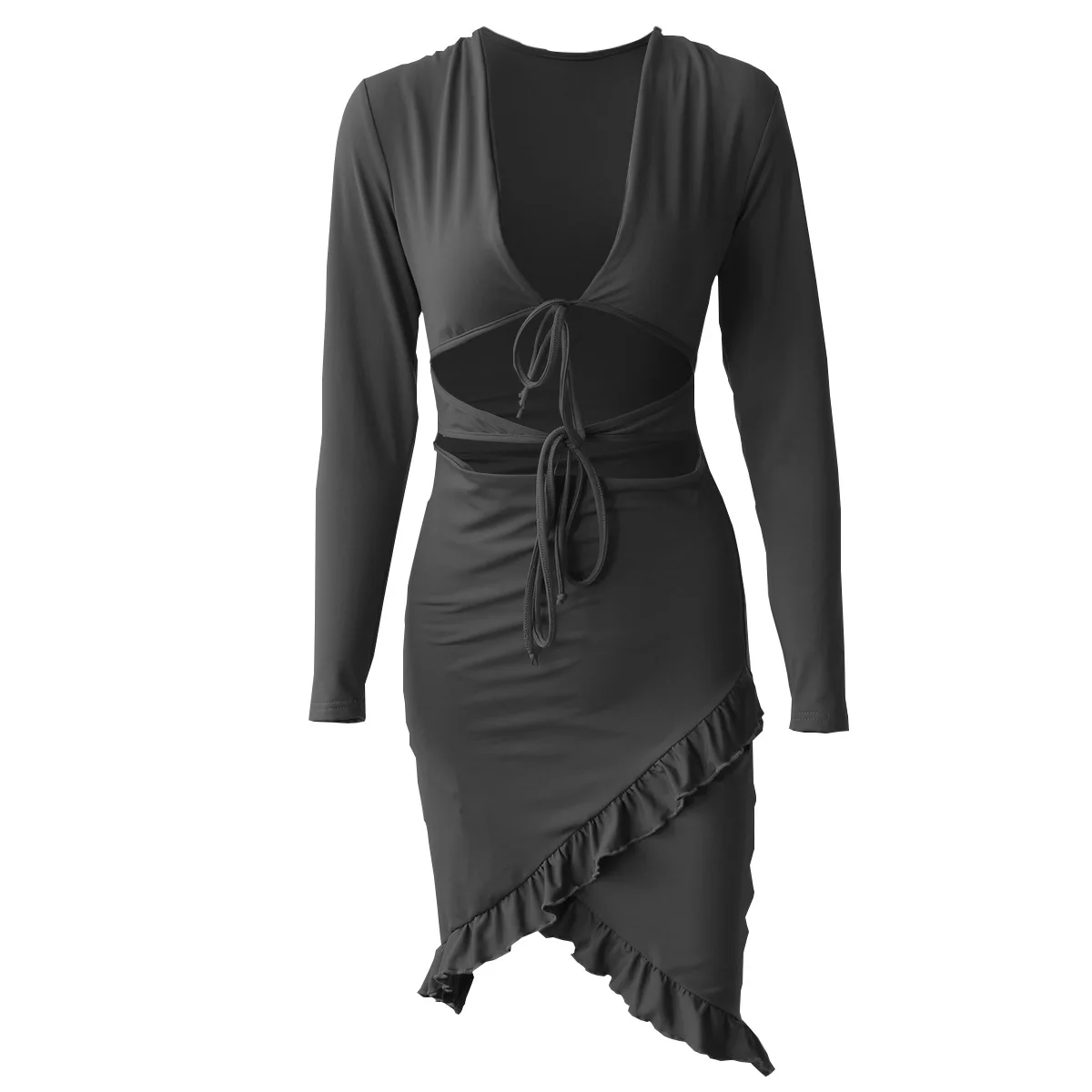 

Sexy Women Dress Deep V Hollow Bandage Long Sleeved Hem Ruffled Irregular Mini Dress Bodycon Party Clubwear Summer Casual Black