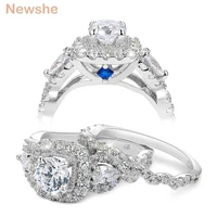 newshe 2 pcs 925 sterling silver wedding rings for women 1 5 ct halo round pear cut aaaaa cz classic jewelry engagement ring set