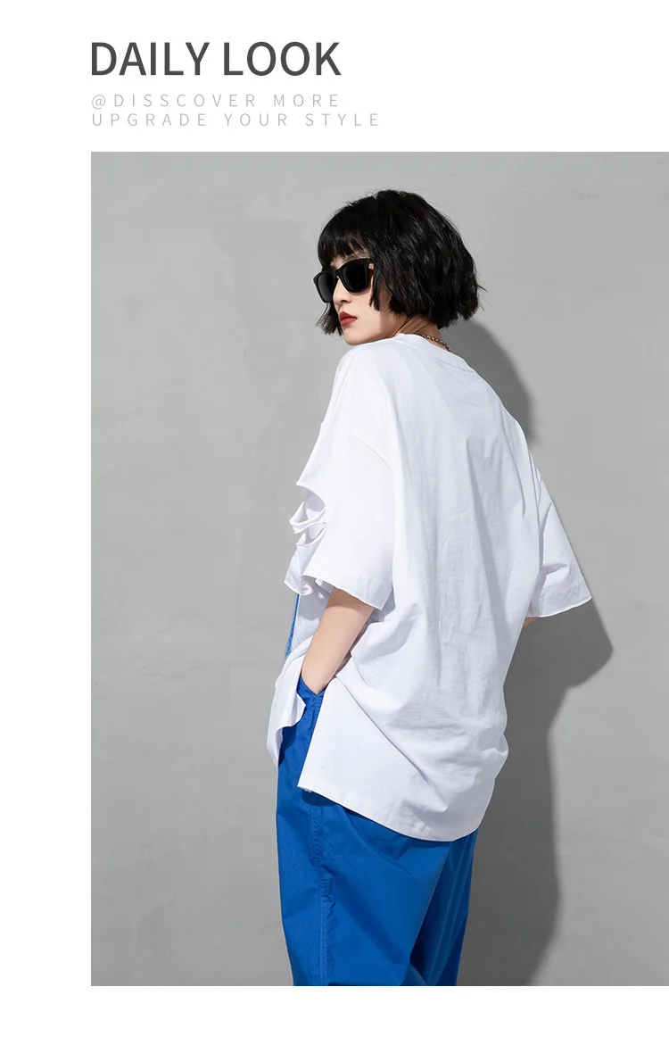 

QING MO White Tassel Letter Women T-shirt 2021 Summer Print Female T-shirt Plus Size Casual Hole Short Sleeve T-shirt QYF297A