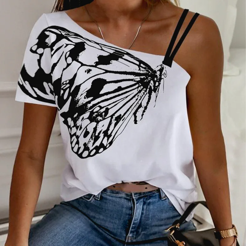 

Summer 2021 Women's White T-shirt with Butterfly Print Off-the-shoulder Halter Base Shirt with Casual Short Sleeve Base Tops