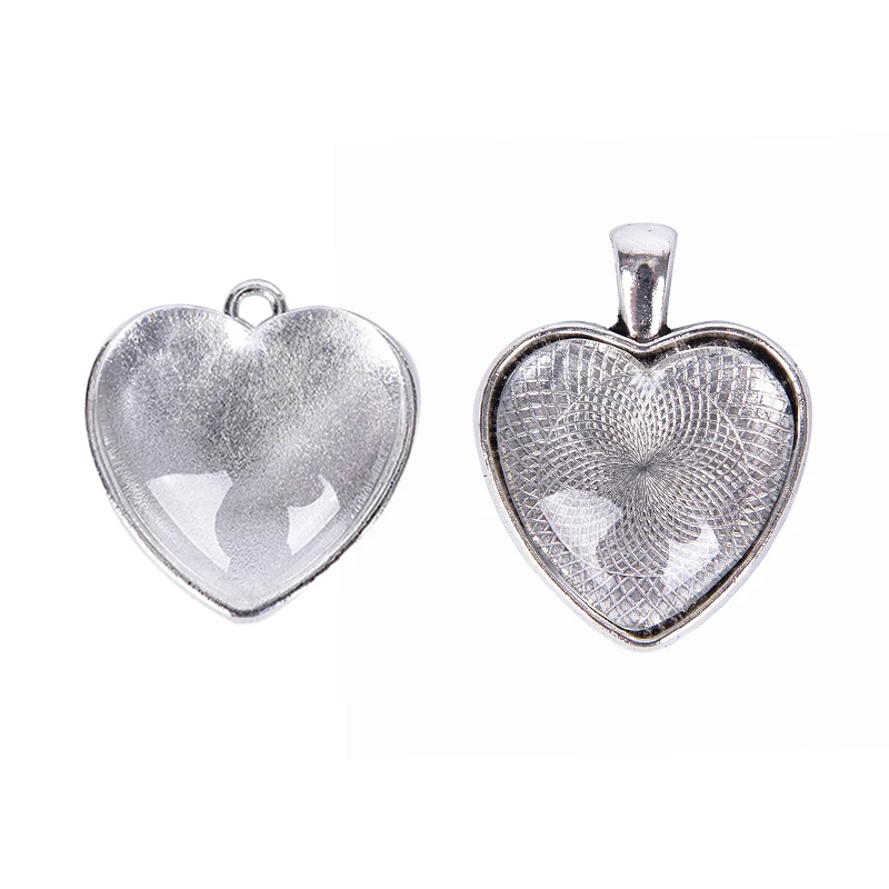 

6pcs/lot 25mm Heart Cabochon Settings Silver Plated Pendants Bezel Trays Base Fit 25mm Glass DIY Necklace Making Supplies