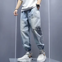 mens fashion harem pants summer casual loose washed out jeans mens stitching trousers ankle tied joggers streetwear baggy pants
