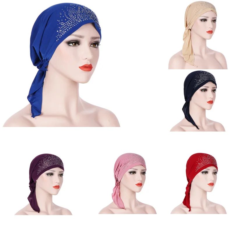 

Perm Drilled Curved Head Cap Crystal Hemp Simple Muslim Scarf Cap Lotus Flower Rhinestone Women's Muslim Hijab Hat Solid Color